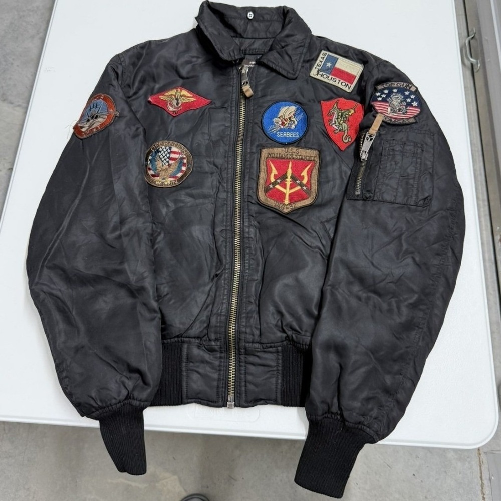 Vintage Style B-15 Black Flight Bomber Jacket with Military Patches Top Gun
